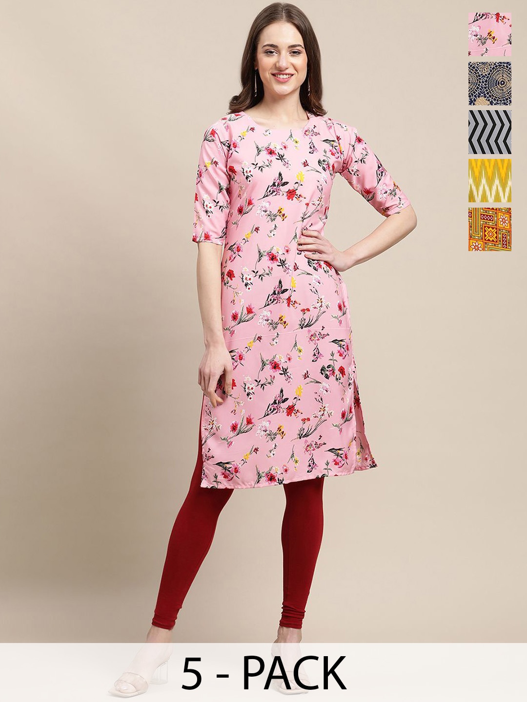 

7Threads Selection Of 5 Floral Printed Round Neck Straight Kurtas, Pink