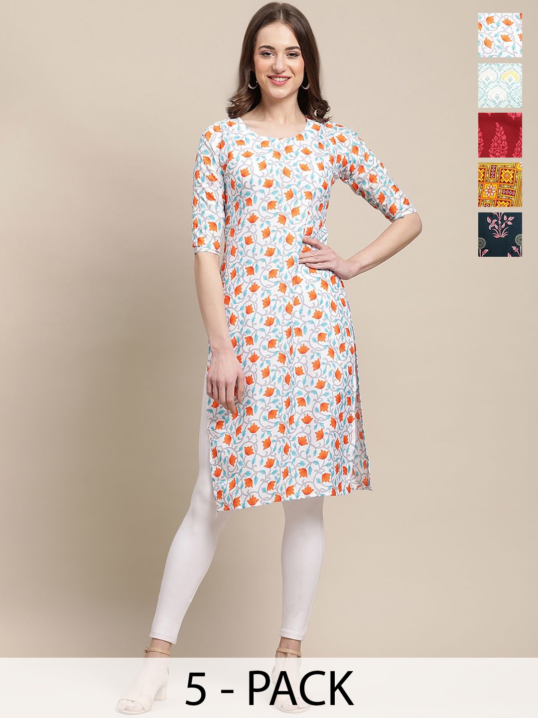 

7Threads Selection Of 5 Floral Printed Round Neck Straight Kurta, White