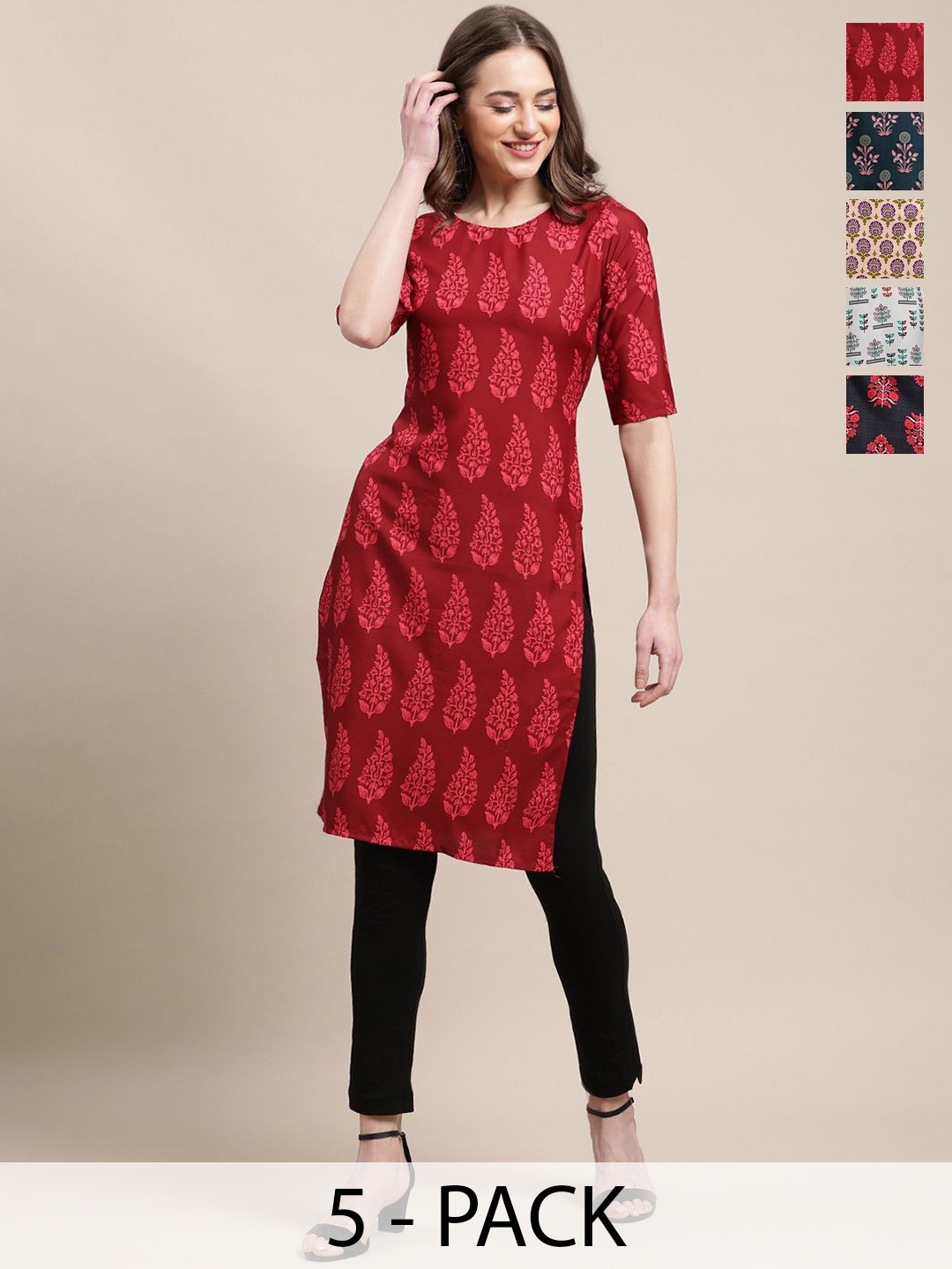 

7Threads Selection Of 5 Ethnic Motifs Printed Round Neck Straight Kurtas, Red