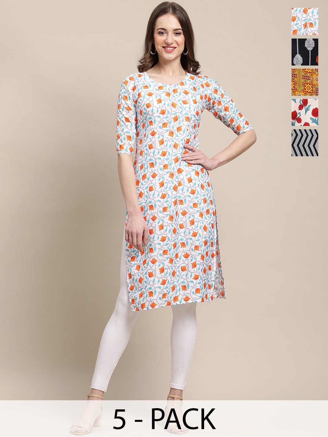 

7Threads Selection Of 5 Floral Printed Round Neck Straight Kurta, White