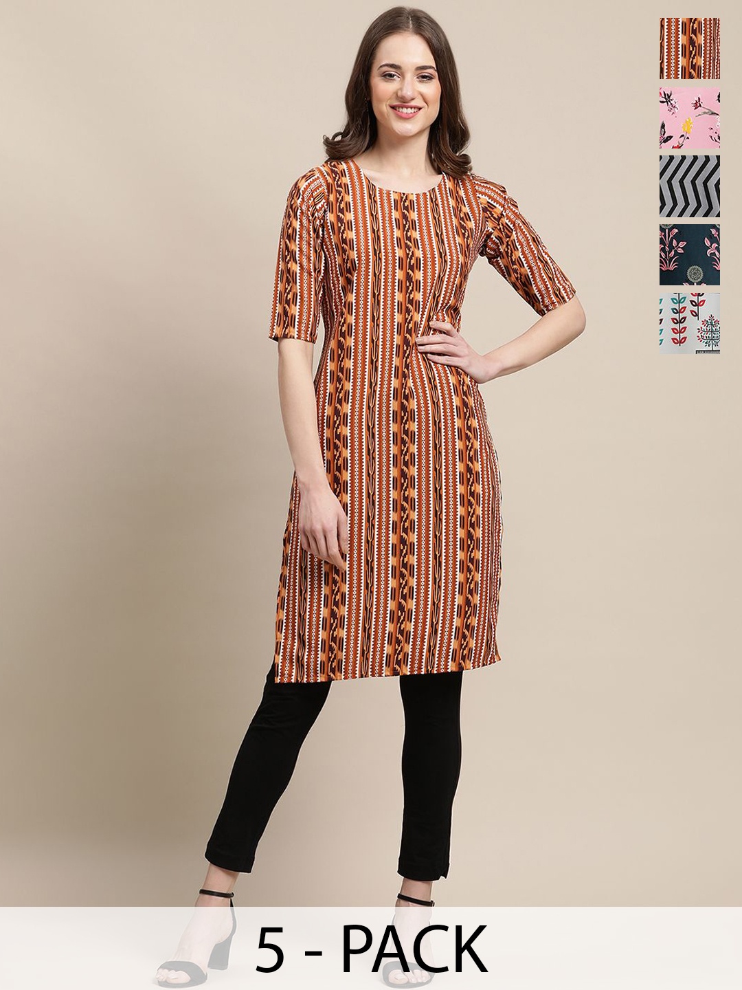 

7Threads Selection Of 5 Floral Printed Round Neck Kurtas, Brown