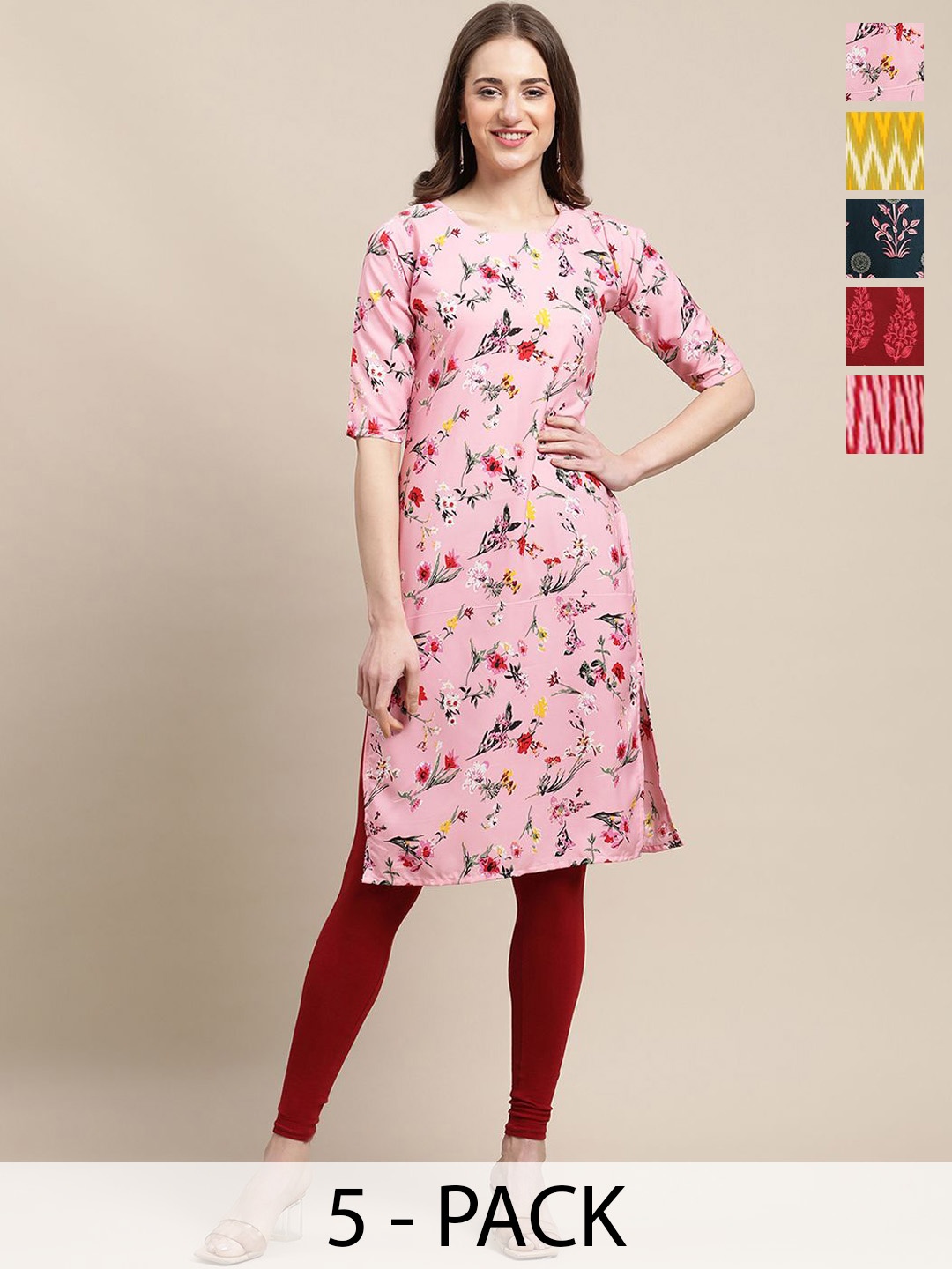 

7Threads Selection Of 5 Floral Printed Round Neck Kurtas, Pink