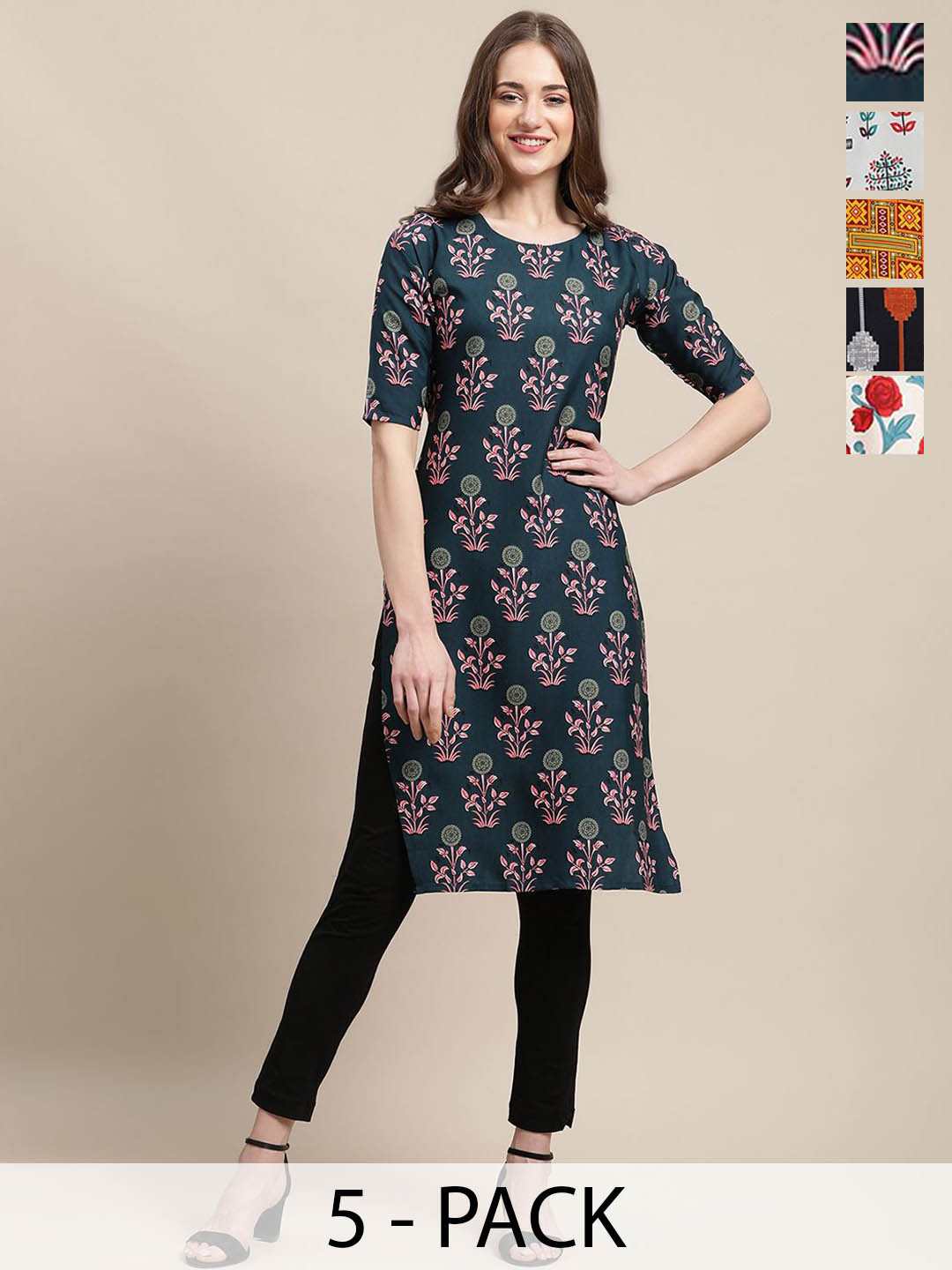 

7Threads Selections Of 5 Ethnic Motifs Printed Indie Prints Crepe Kurtas, Turquoise blue