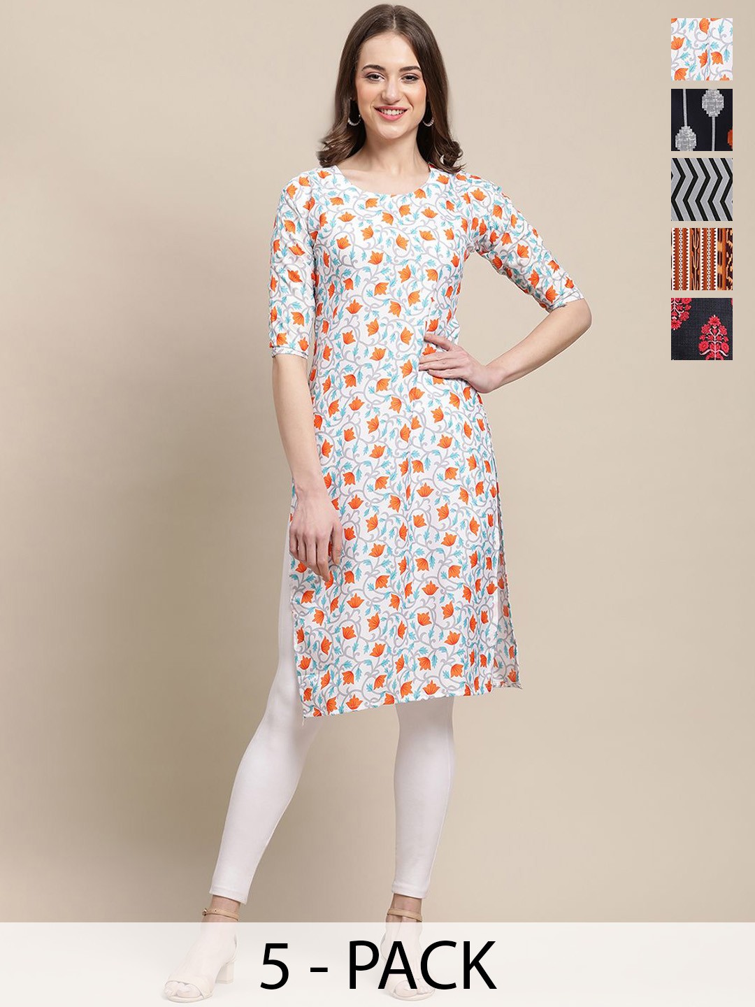 

7Threads Selection Of 5 Ethnic Motifs Printed Round Neck Straight Crepe Kurtas, White