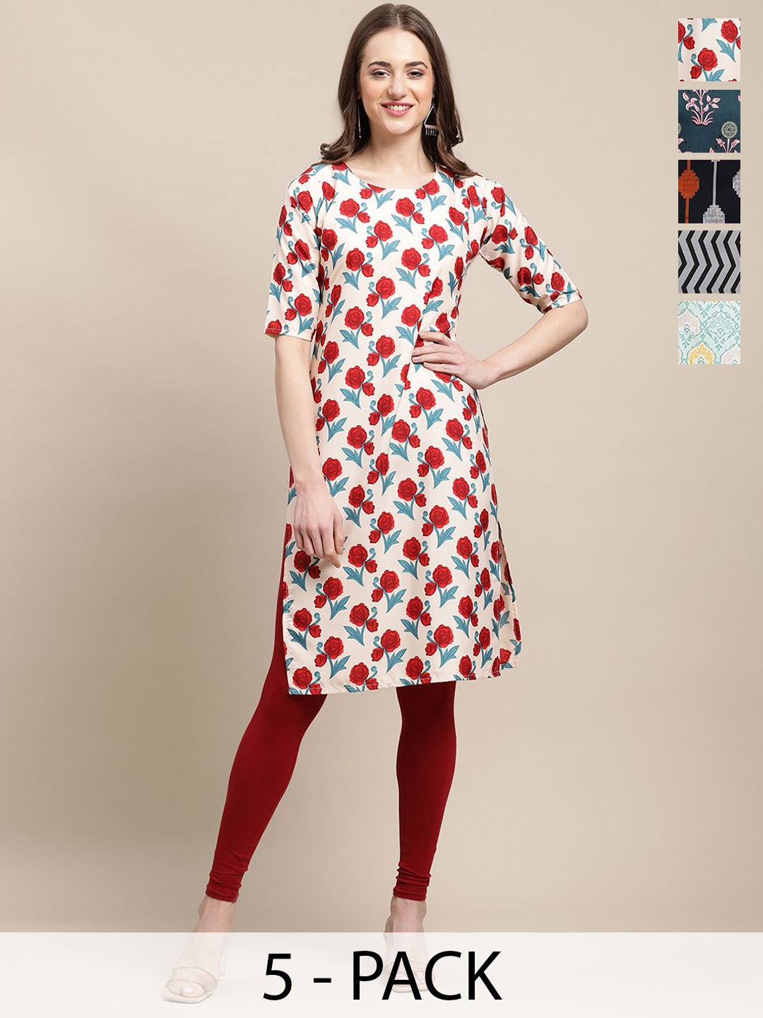 

7Threads Selection Of 5 Ethnic Motifs Printed Straight Kurtas, Red
