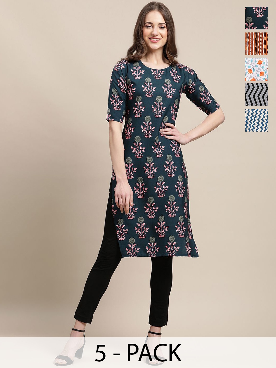 

7Threads Selection Of 5 Floral Printed Round Neck Crepe Straight Kurta, Green