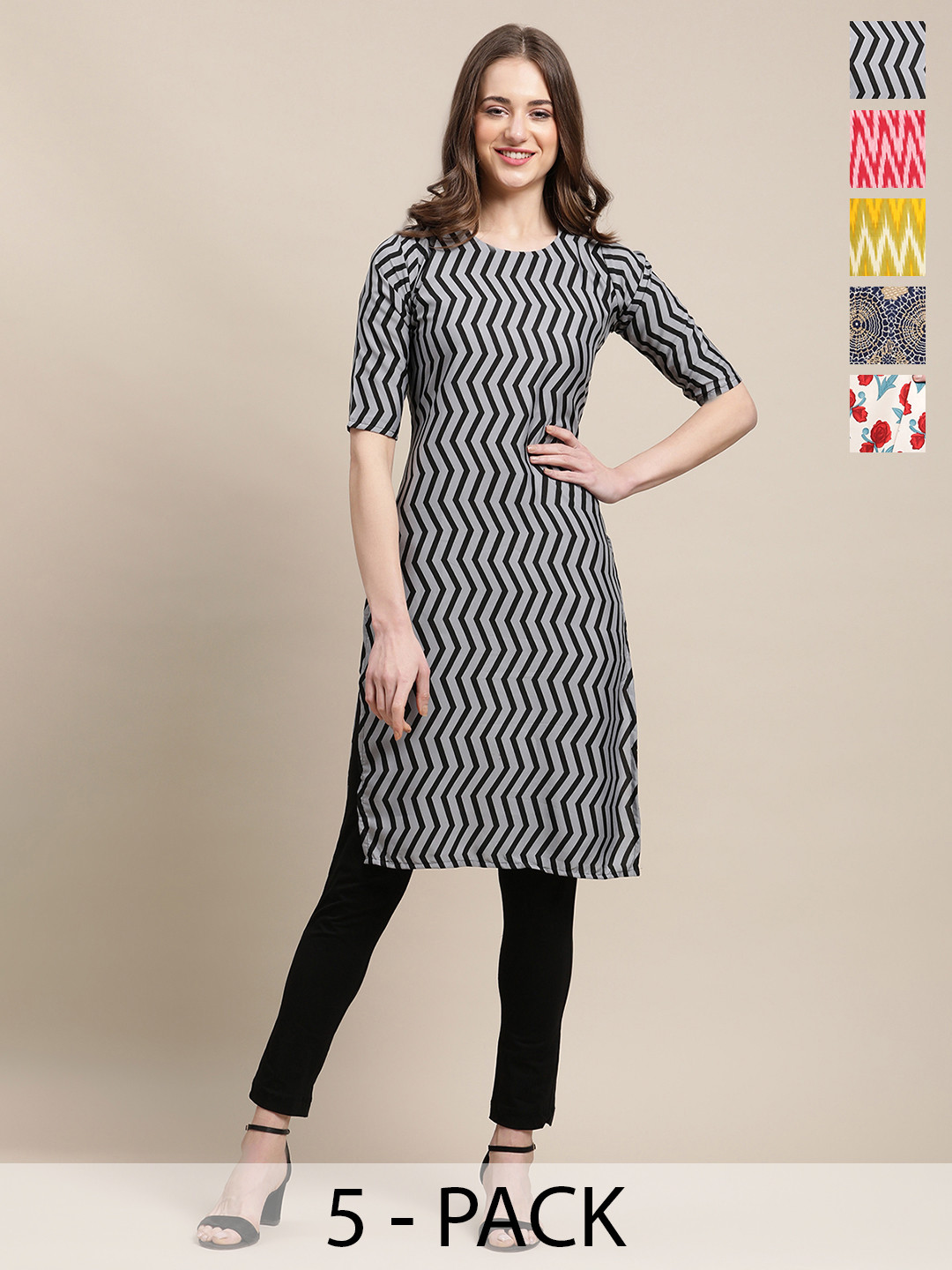 

7Threads Selection of 5 Chevron Printed Crepe Straight Kurta, Black