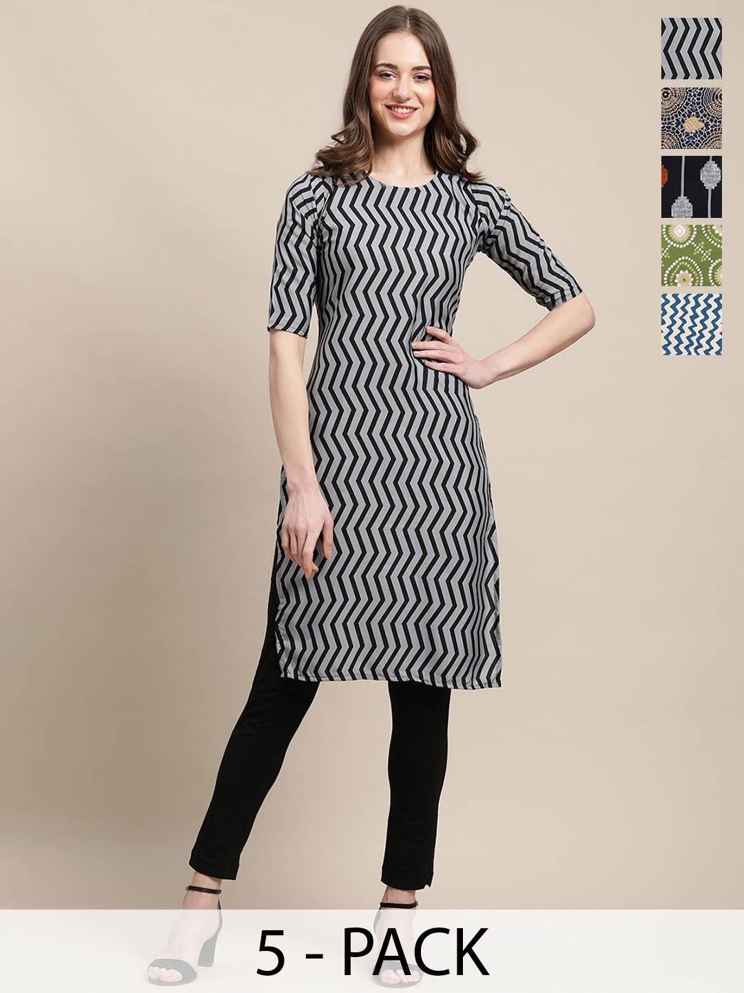 

7Threads Selection of 5 Chevron Printed Crepe Straight Kurta, Black