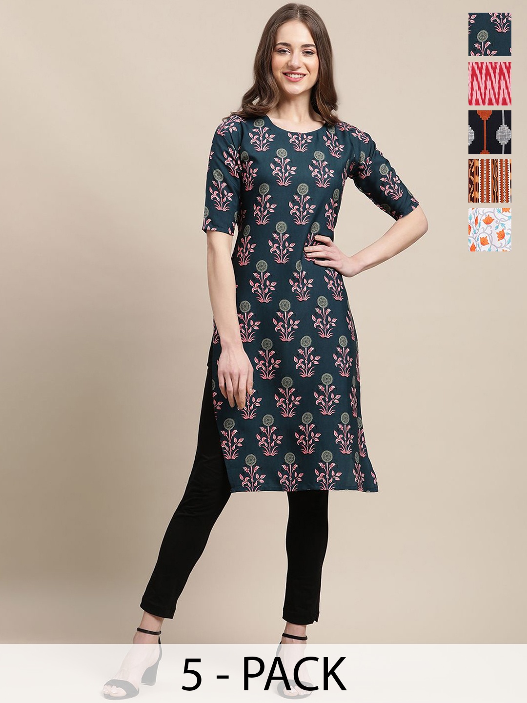 

7Threads Selection of 5 Floral Printed Round Neck Kurtas, Navy blue