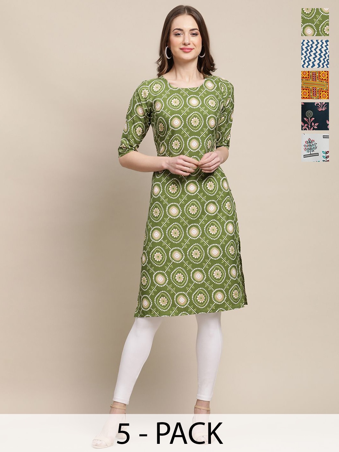 

7Threads Selection Of 5 Ethnic Motifs Printed Round Neck Regular Sleeves Straight Kurtas, Green