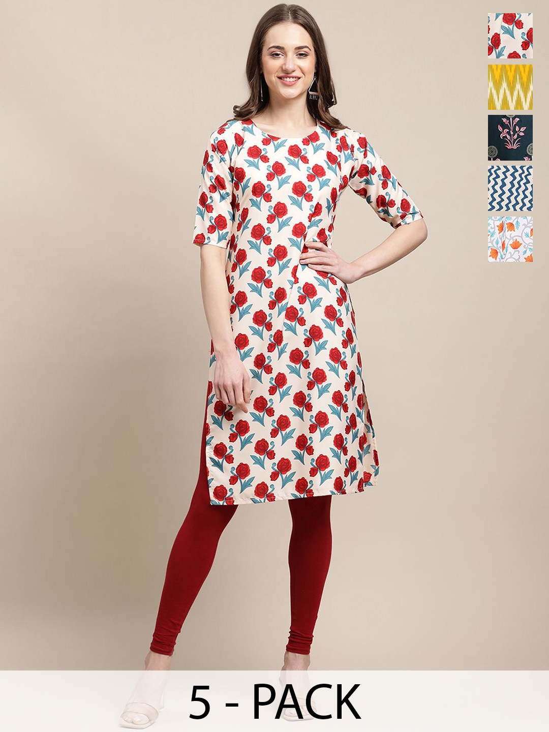 

7Threads Selection Of 5 Floral Printed Straight Kurta, White