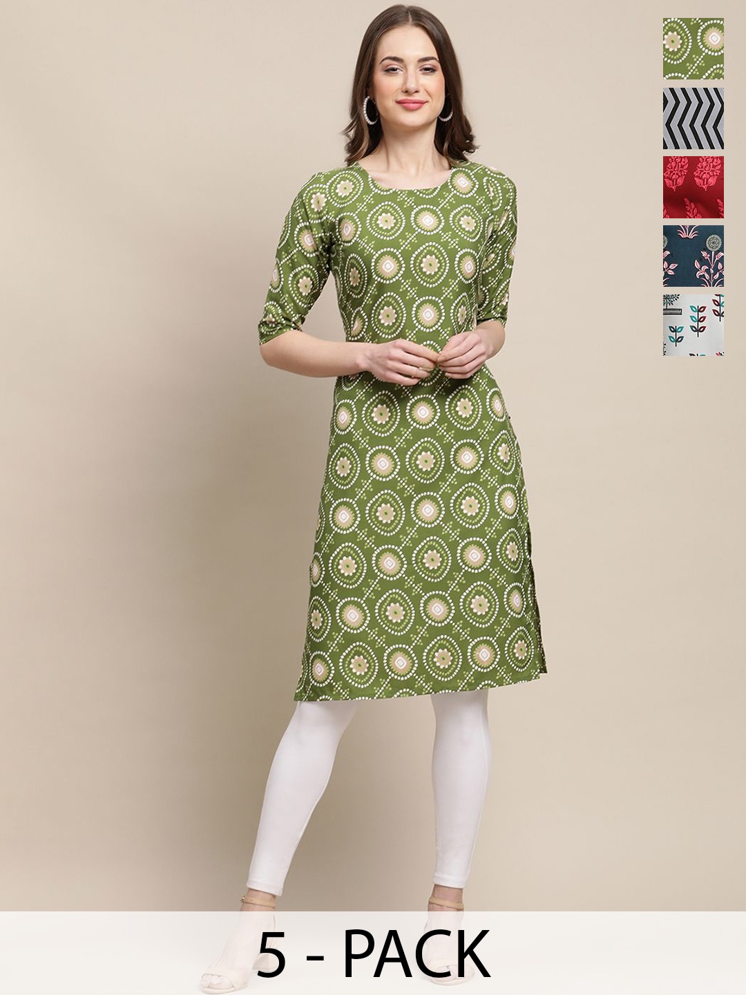 

7Threads Selection Of 5 Floral Printed Round Neck Straight Kurta, Green