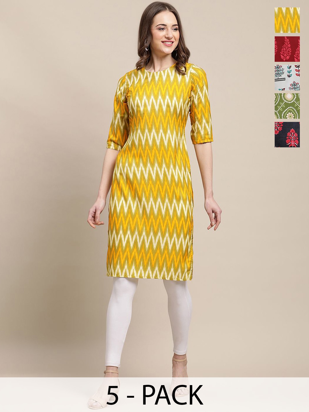 

7Threads Selection Of 5 Ethnic Motifs Printed Straight Kurtas, Yellow