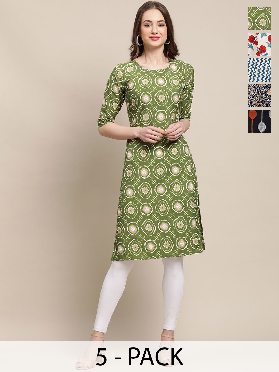 

7Threads Selections Of 5 Ethnic Motifs Printed Straight Kurtas, Green