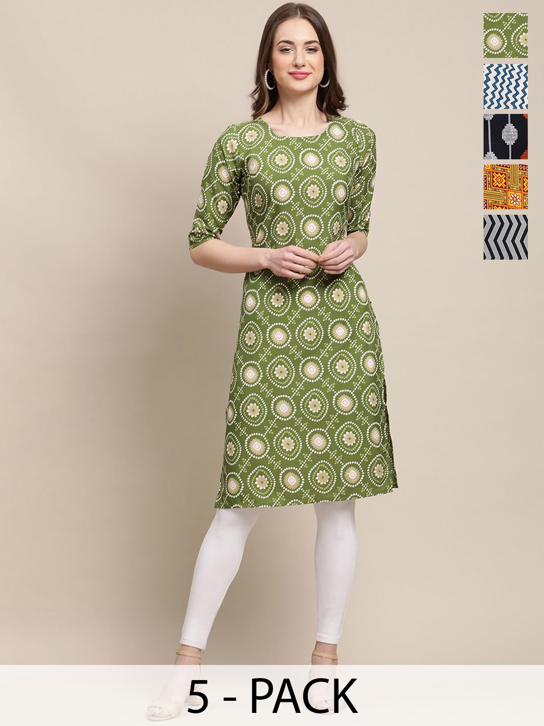 

7Threads Selection Of 5 Ethnic Motifs Printed Round Neck Straight Crepe Kurtas, Green