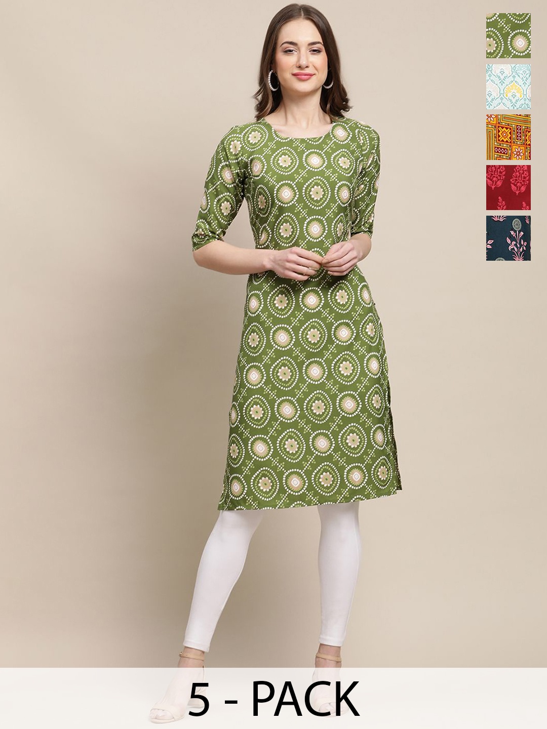 

7Threads Selection Of 5 Ethnic Motifs Printed Round Neck Crepe Straight Kurta, Green