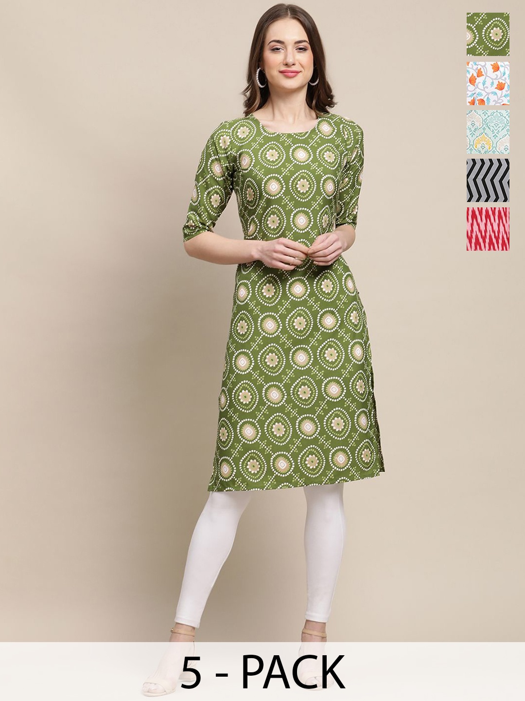 

7Threads Selection Of 5 Ethnic Motifs Printed Straight Kurta, Green