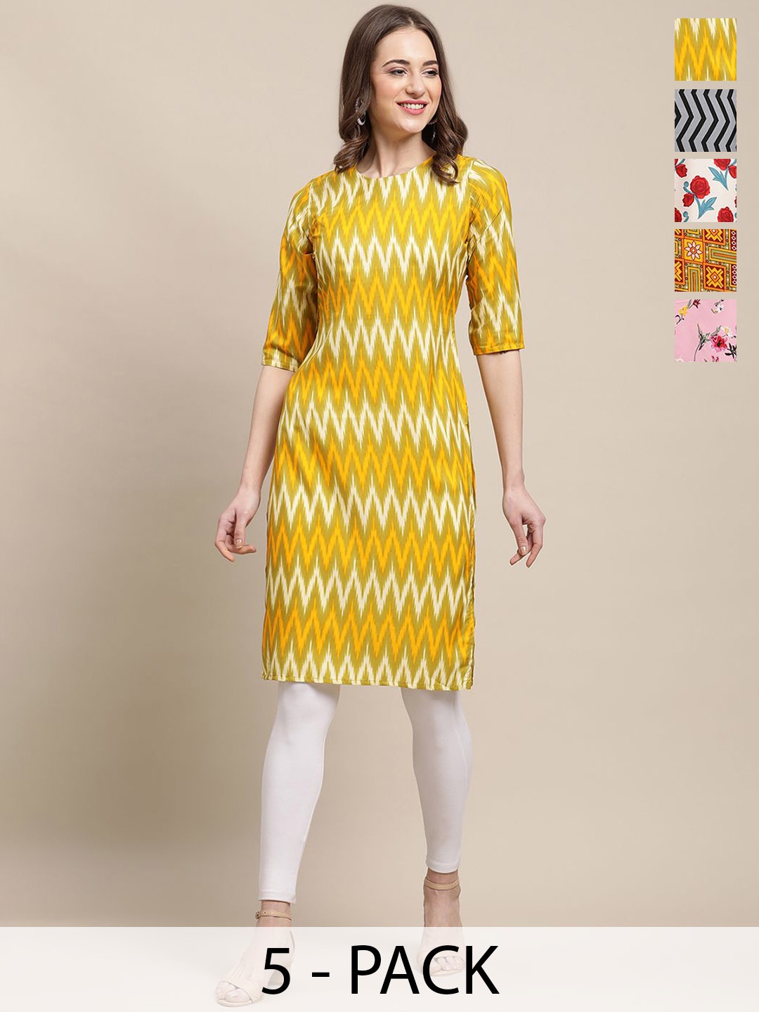 

7Threads Selection Of 5 Chevron Printed Round Neck Regular Sleeves Straight Kurtas, Yellow