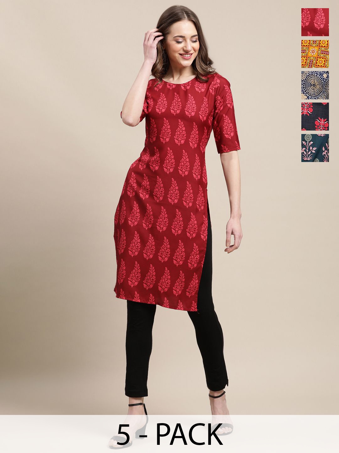 

7Threads Selection Of 5 Ethnic Motifs Printed Kurtas, Red