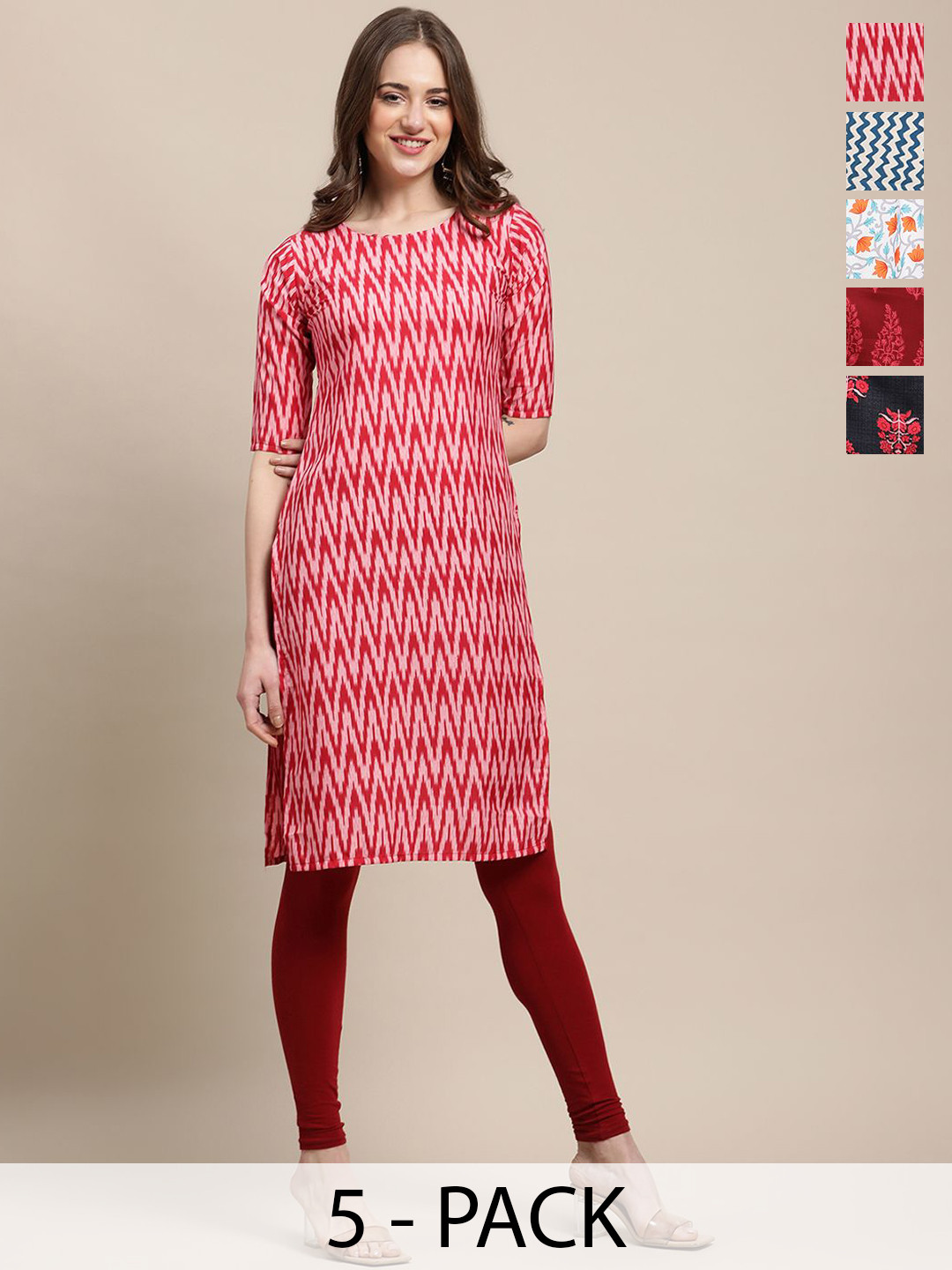 

7Threads Selection Of 5 Chevron Printed Round Neck Crepe Straight Kurta, Red