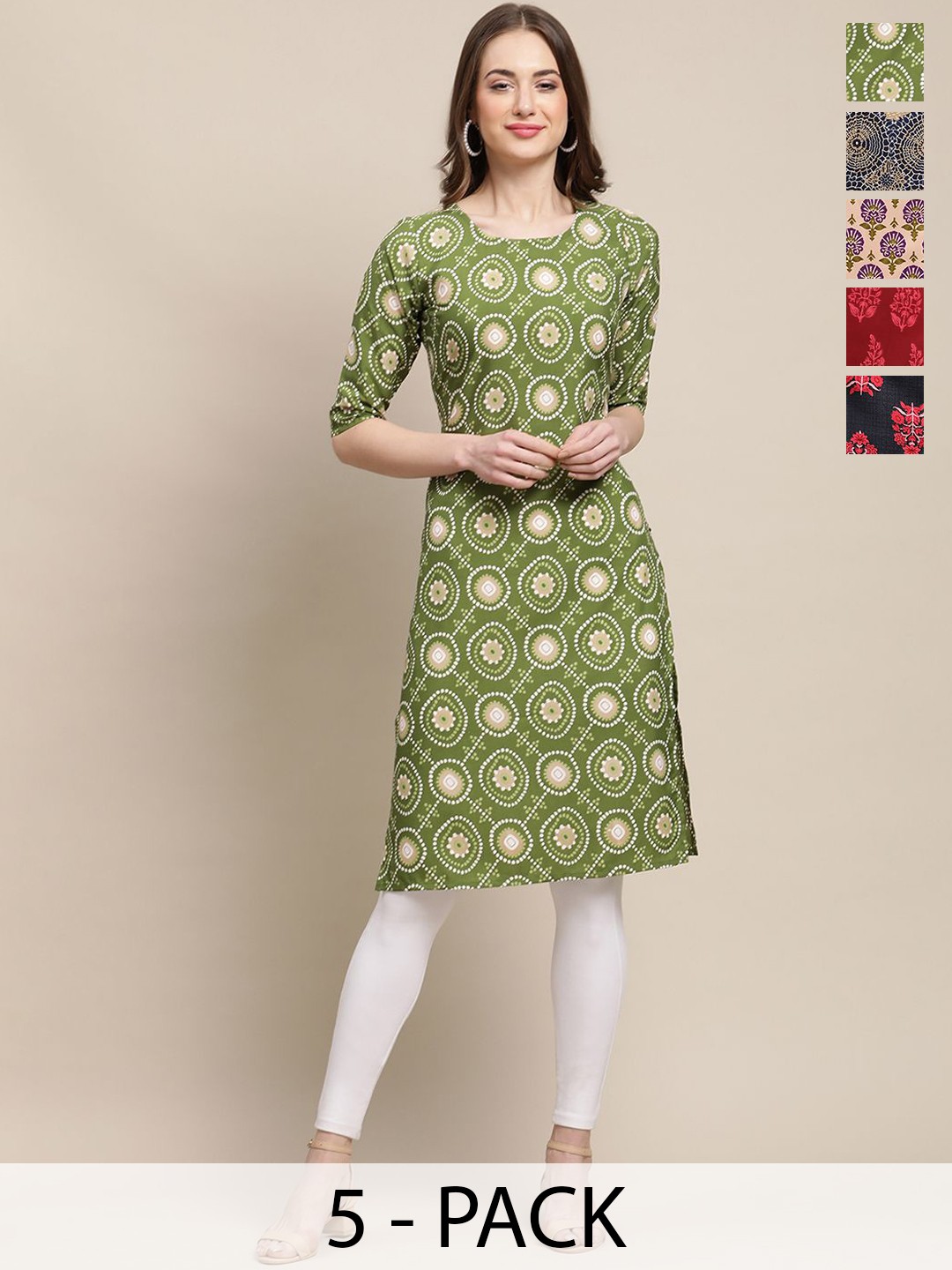

7Threads Pack of 5 Ethnic Motifs Printed Round Neck Kurtas, Green