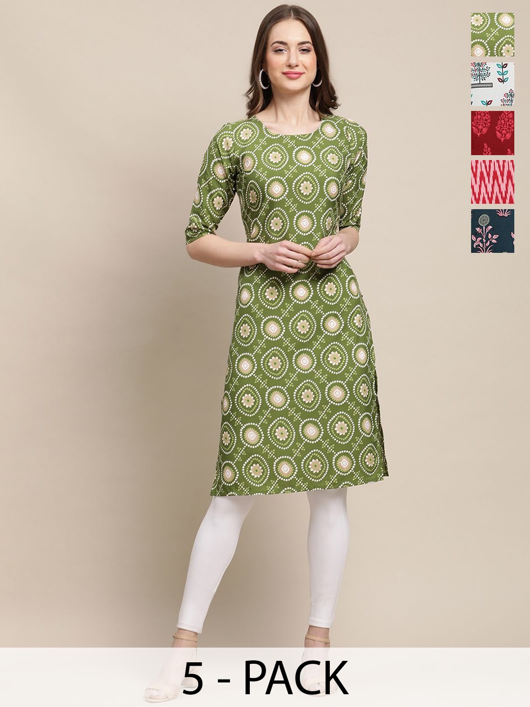 

7Threads Selection Of 5 Ethnic Motifs Round Neck Straight Kurtas, Beige
