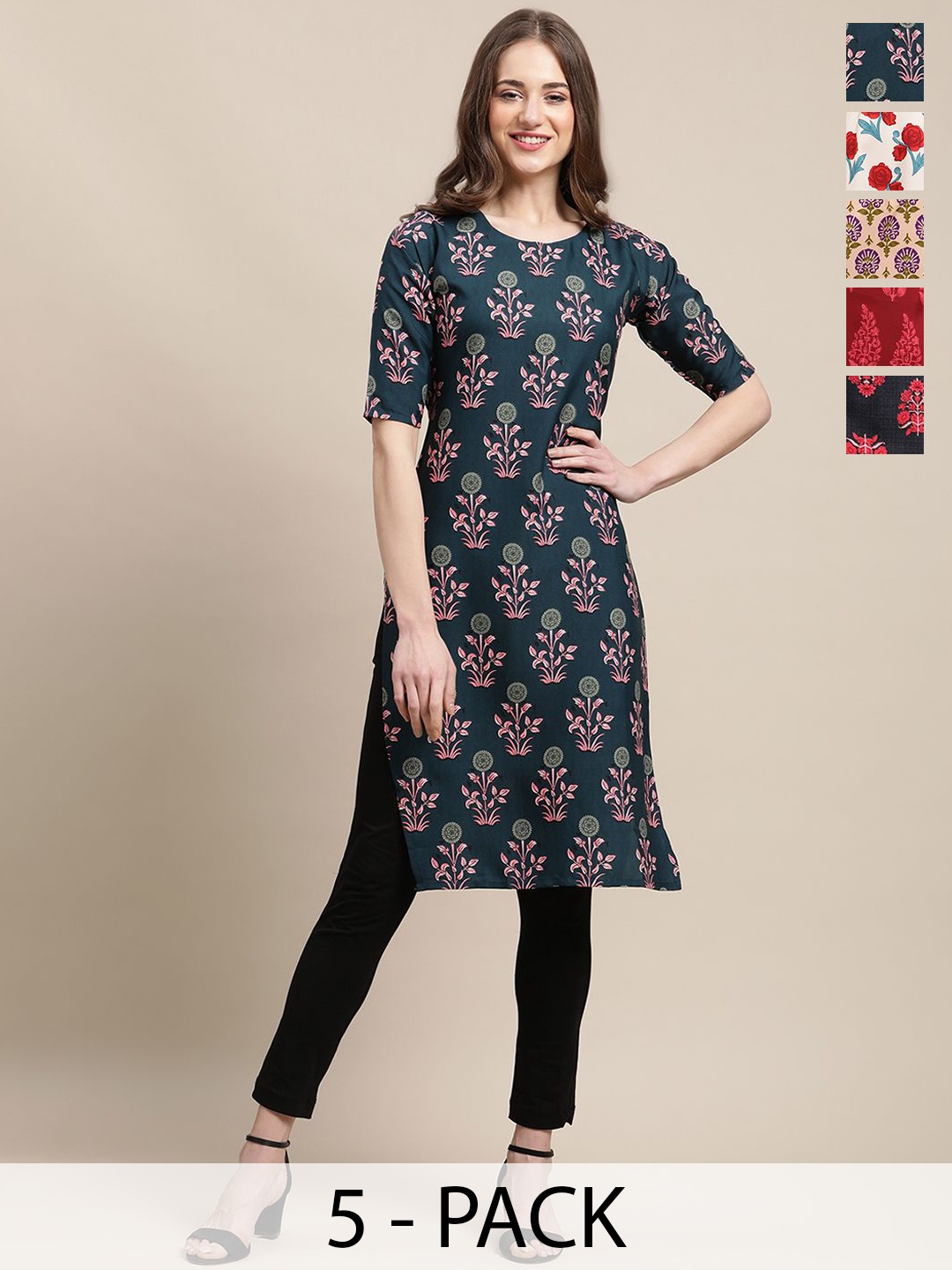 

7Threads Selection Of 5 Floral Printed Round Neck Regular Sleeves Straight Kurtas, Teal