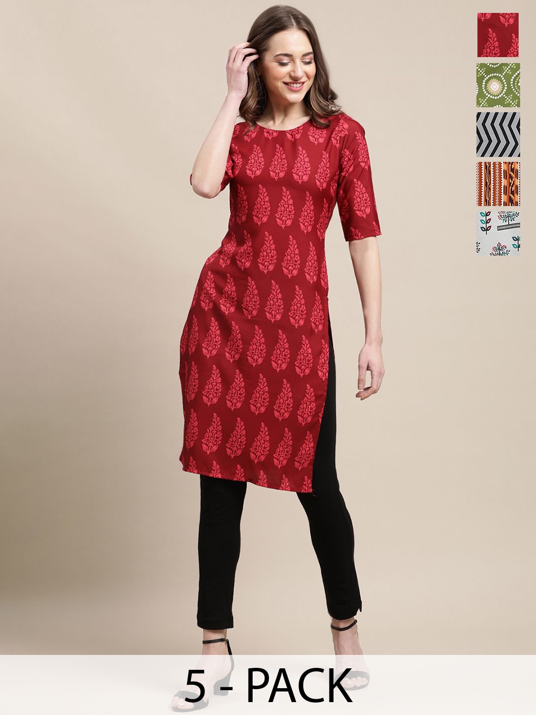 

7Threads Selections Of 5 Ethnic Motifs Printed Straight Kurtas, Maroon