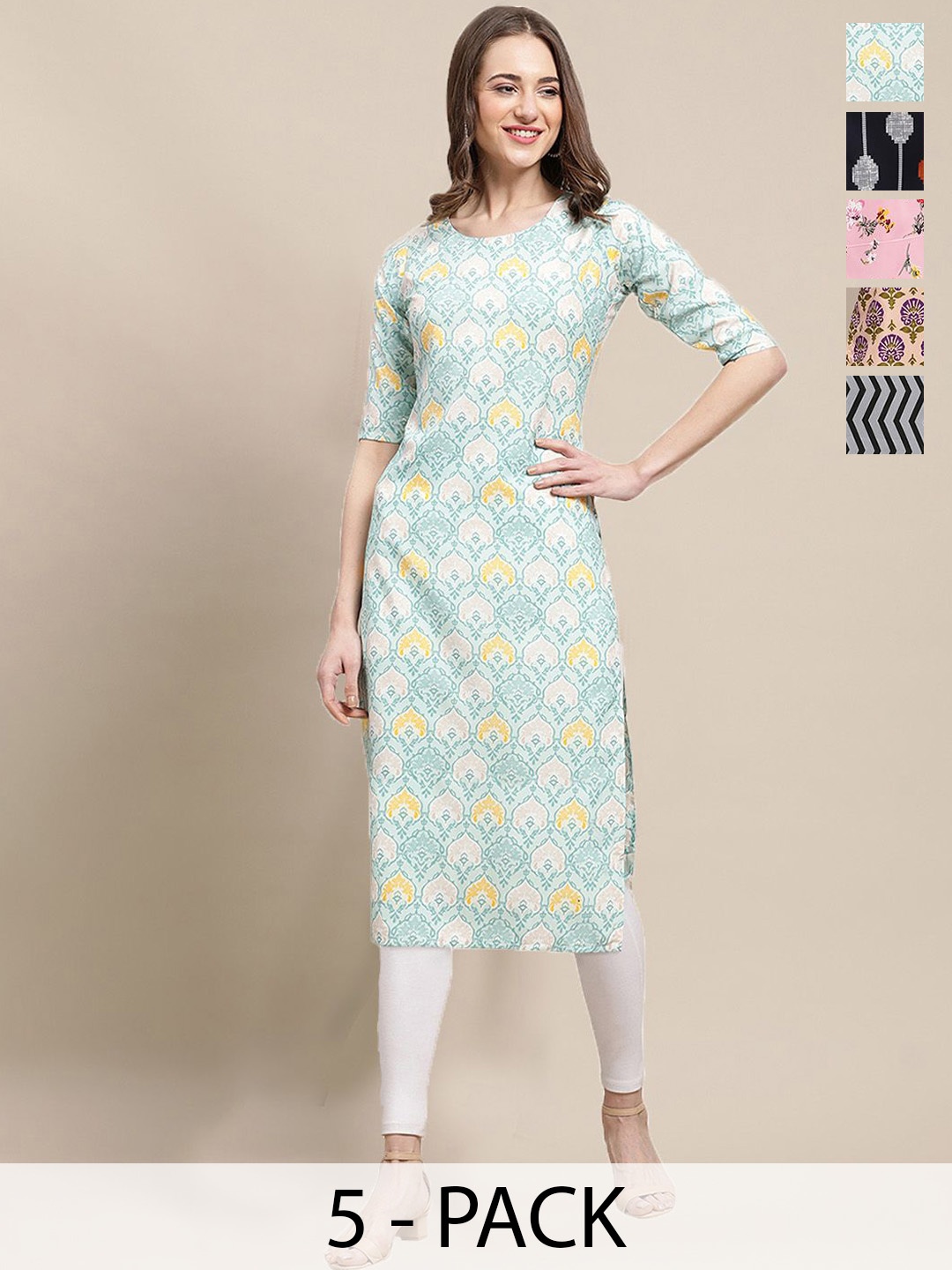 

7Threads Selection Of 5 Chevron Printed Round Neck Crepe Straight Kurta, Blue