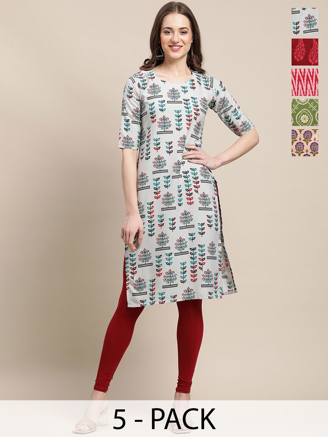 

7Threads Selection Of 5 Ethnic Printed Round Neck Kurtas, Red