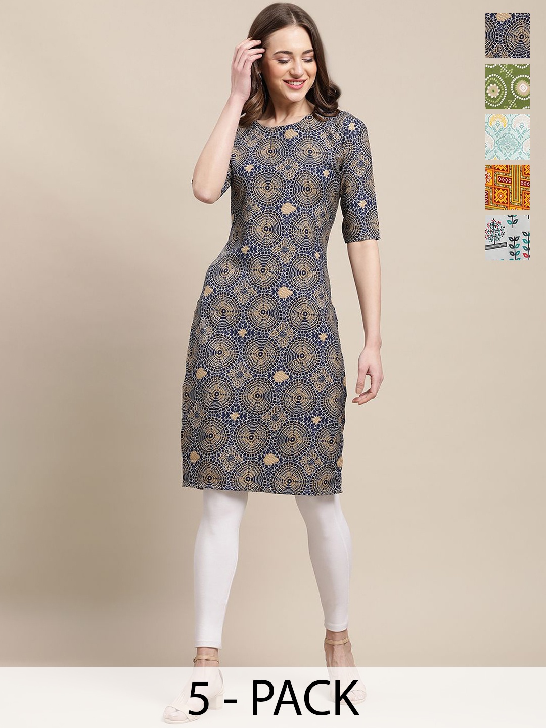 

7Threads Selection Of 5 Ethnic Motifs Printed Straight Kurta, Blue