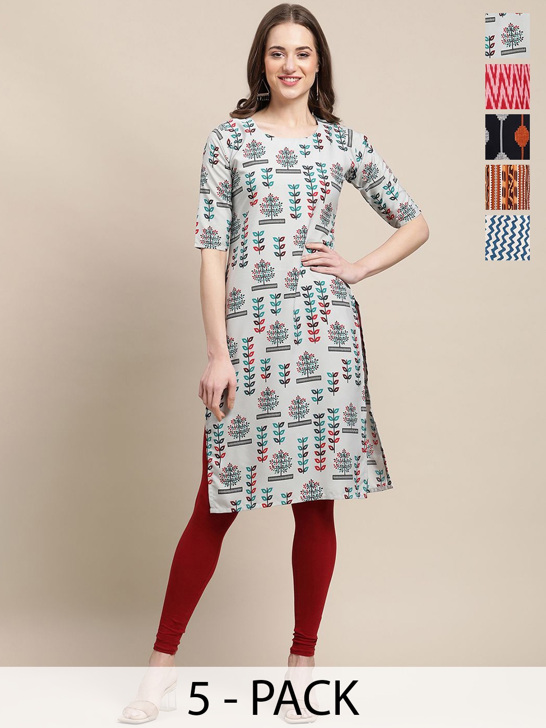 

7Threads Selection Of 5 Floral Printed Round Neck Kurtas, Off white