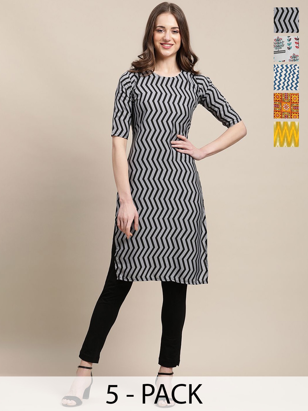 

7Threads Selection of 5 Chevron Printed Crepe Straight Kurta, Black