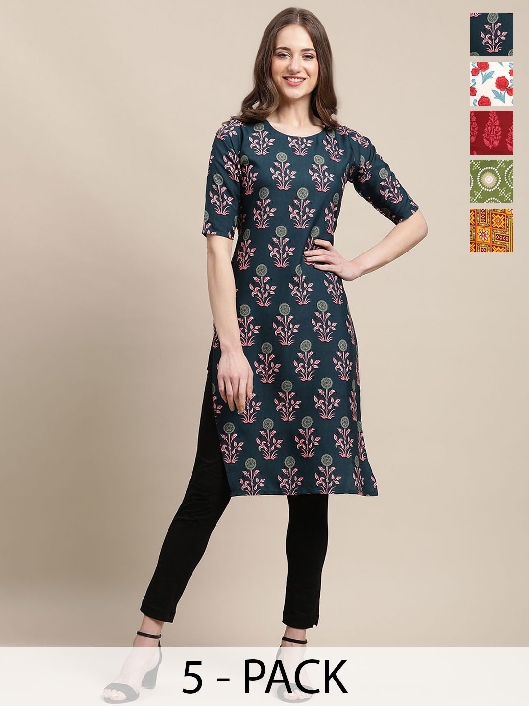 

7Threads Selection of 5 Ethnic Motifs Printed Round Neck Crepe Straight Kurtas, Green