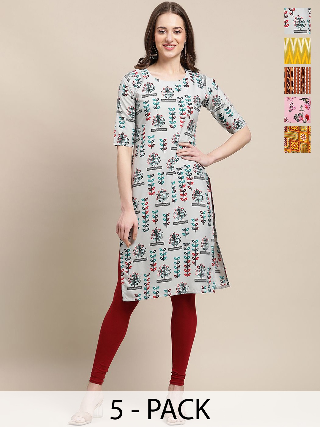 

7Threads Selection Of 5 Ethnic Motifs Round Neck Straight Kurtas, Grey