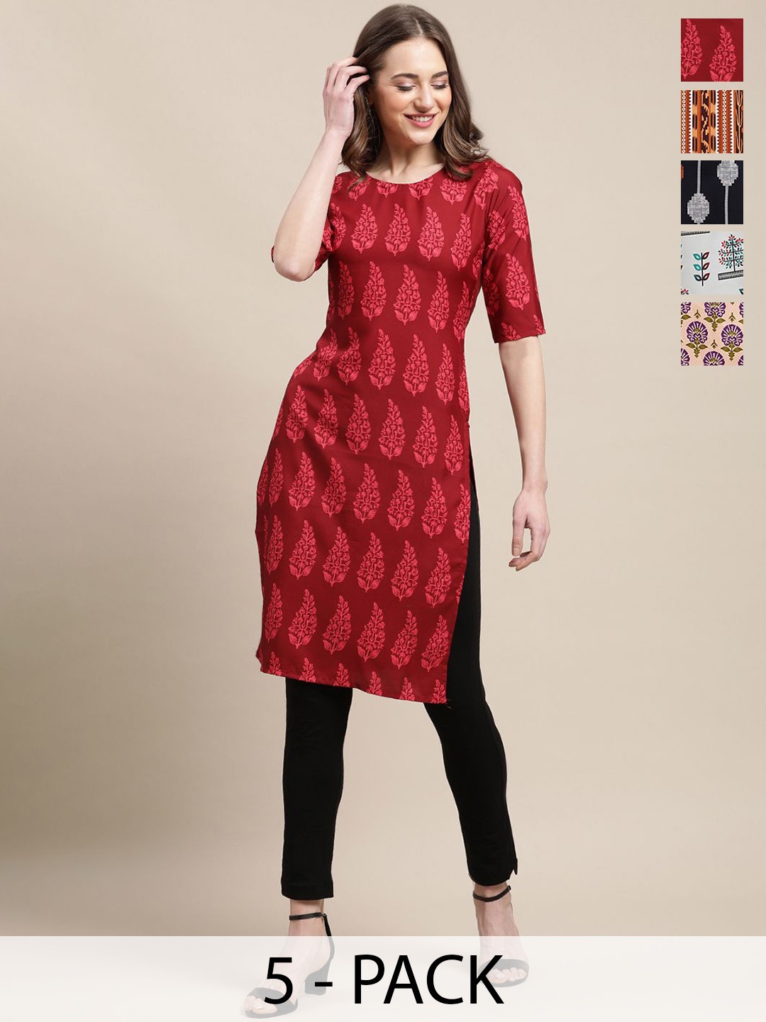 

7Threads Selection of 5 Paisley Printed Crepe Straight Kurta, Red