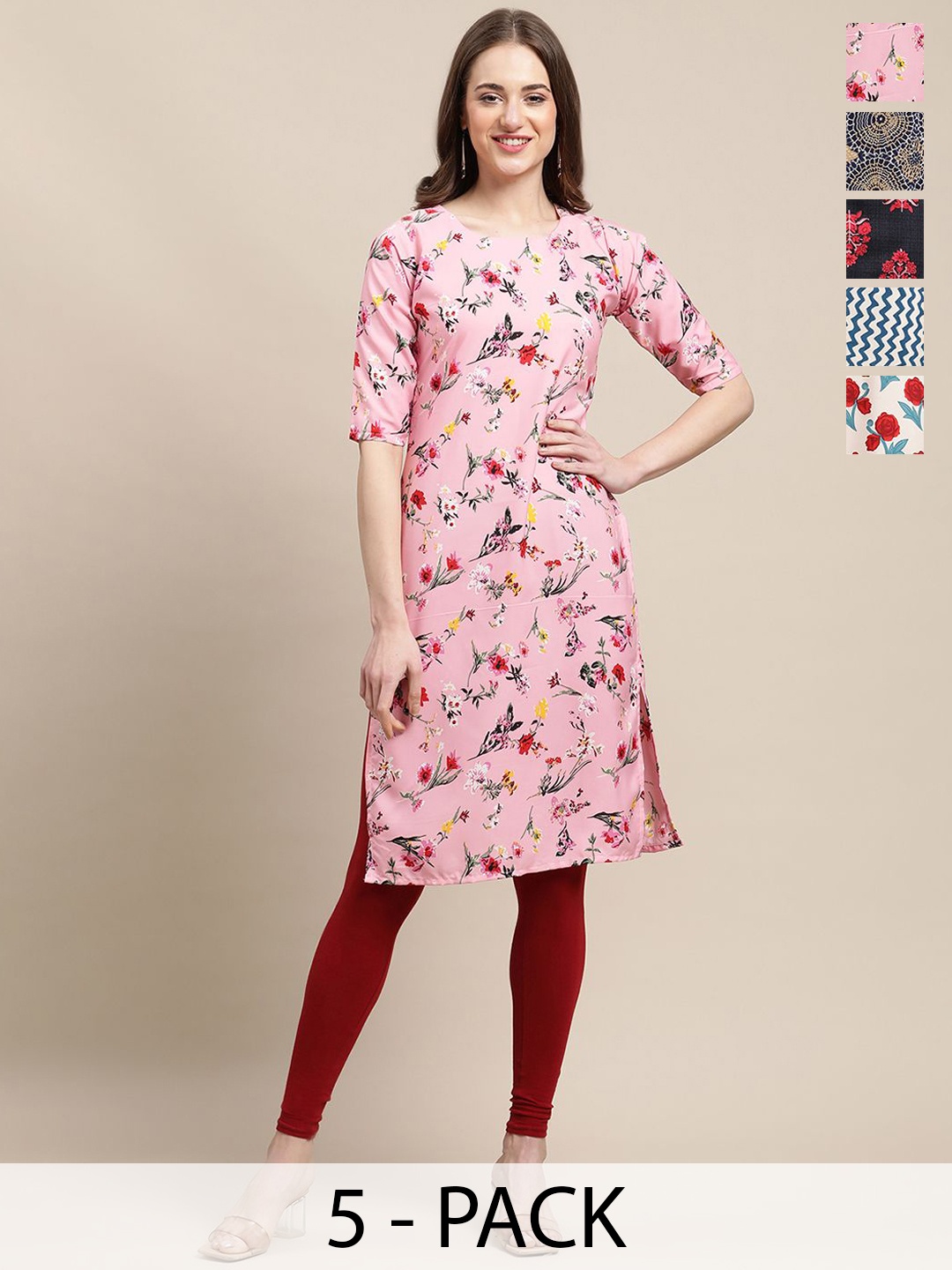 7Threads Selection Of 5 Ethnic Motifs Printed Round Neck Crepe Kurtas, Pink