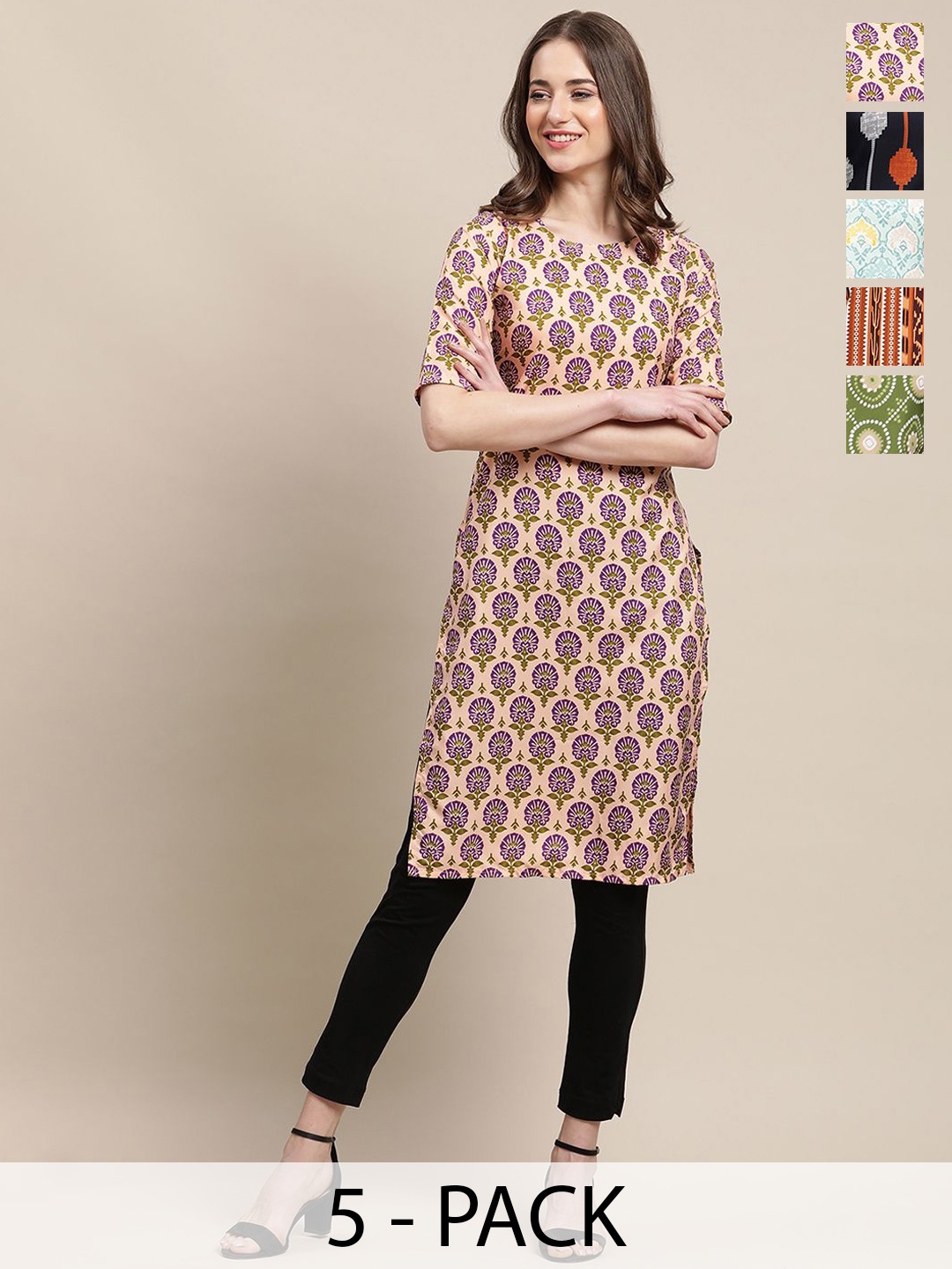 

7Threads Selection of 5 Ethnic Motifs Printed Crepe Straight Kurta, Beige