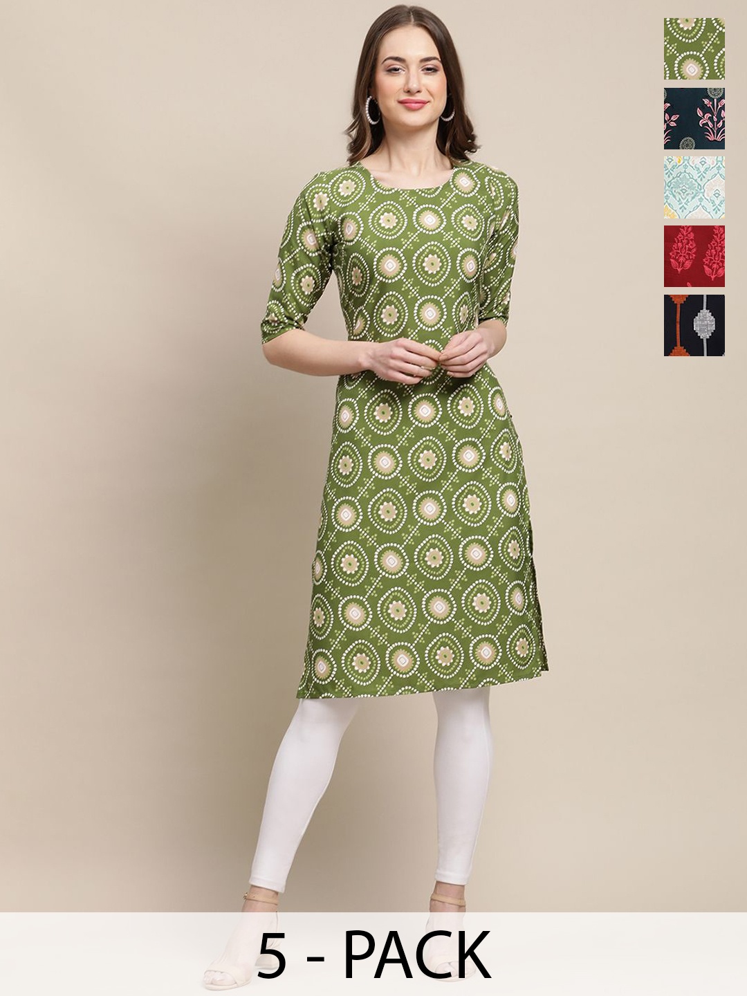 

7Threads Selection of 5 Geometric Printed Crepe Straight Kurta, Green