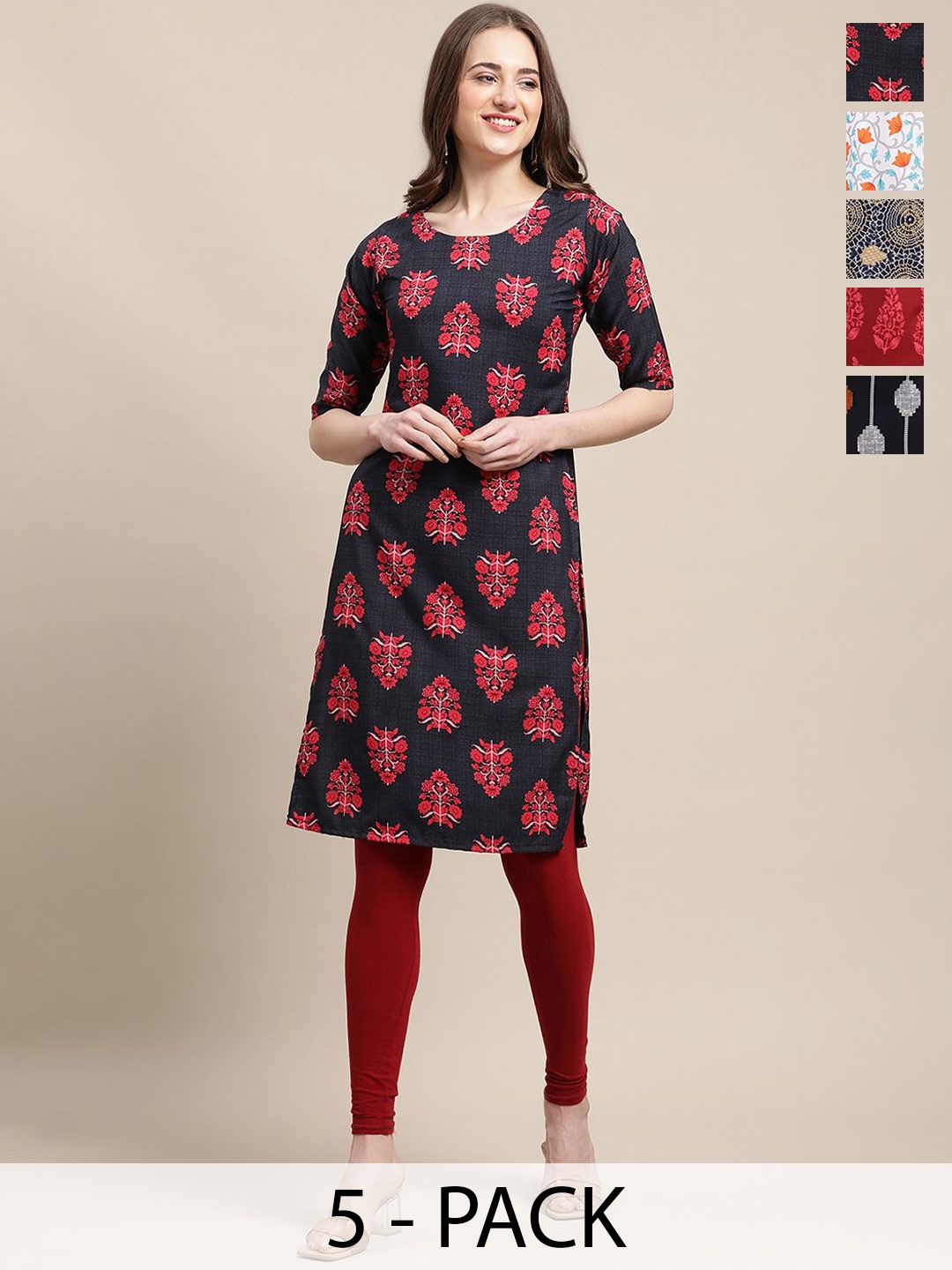 

7Threads Selection Of 5 Floral Printed Round Neck Kurtas, Black