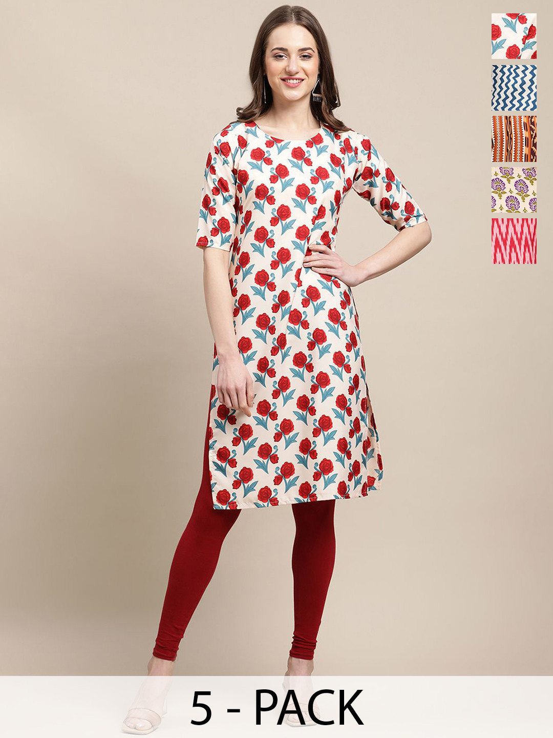 

7Threads Selection Of 5 Floral Printed Straight Kurta, White