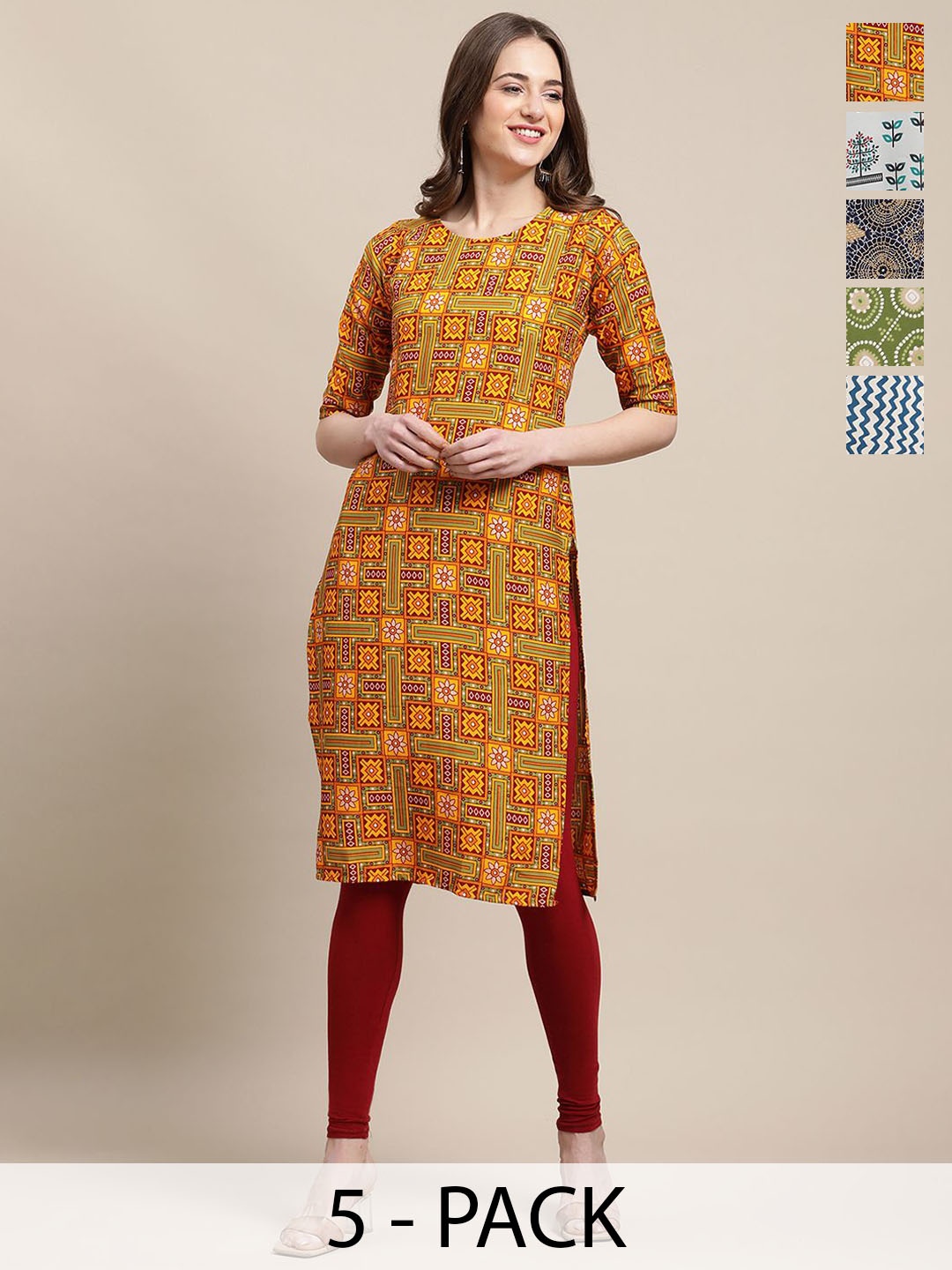 

7Threads Selection Of 5 Ethnic Motifs Printed Straight Crepe Kurta, Yellow