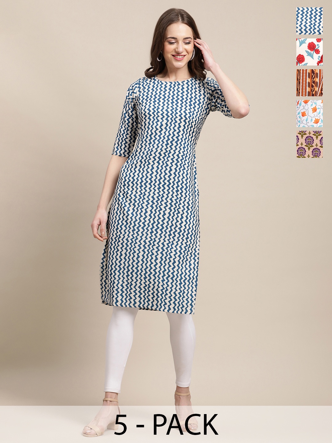 

7Threads Pack Of 5 Ethnic Motifs Printed Round Neck Straight Crepe Kurta, Blue