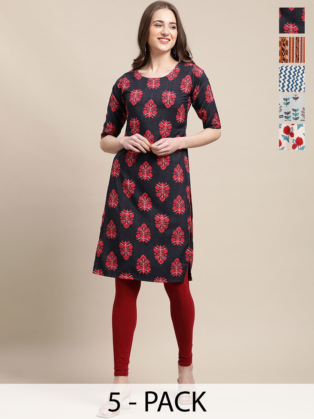 

7Threads Selection Of 5 Ethnic Motifs Printed Round Neck Straight Kurta, Black