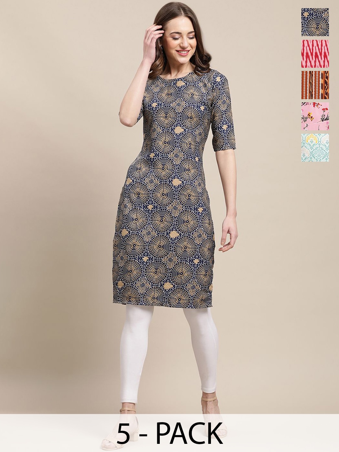 

7Threads Selection Of 5 Ethnic Motifs Printed Round Neck Kurtas, Navy blue