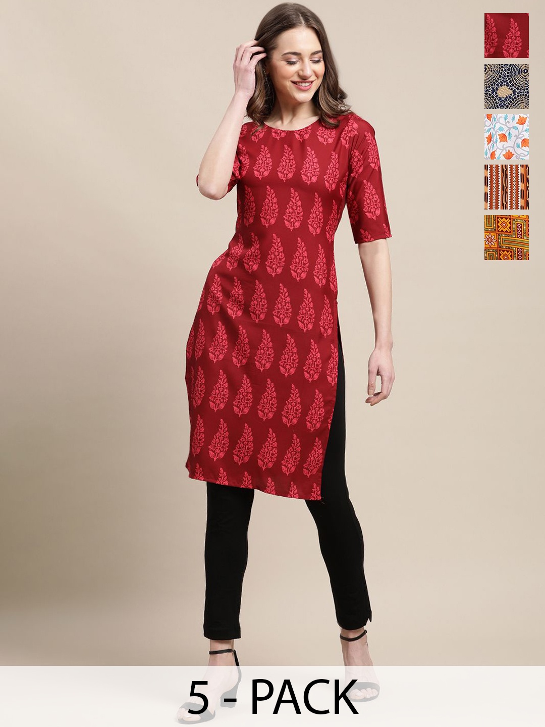 

7Threads Selection Of 5 Geometric Printed Round Neck Kurtas, Red