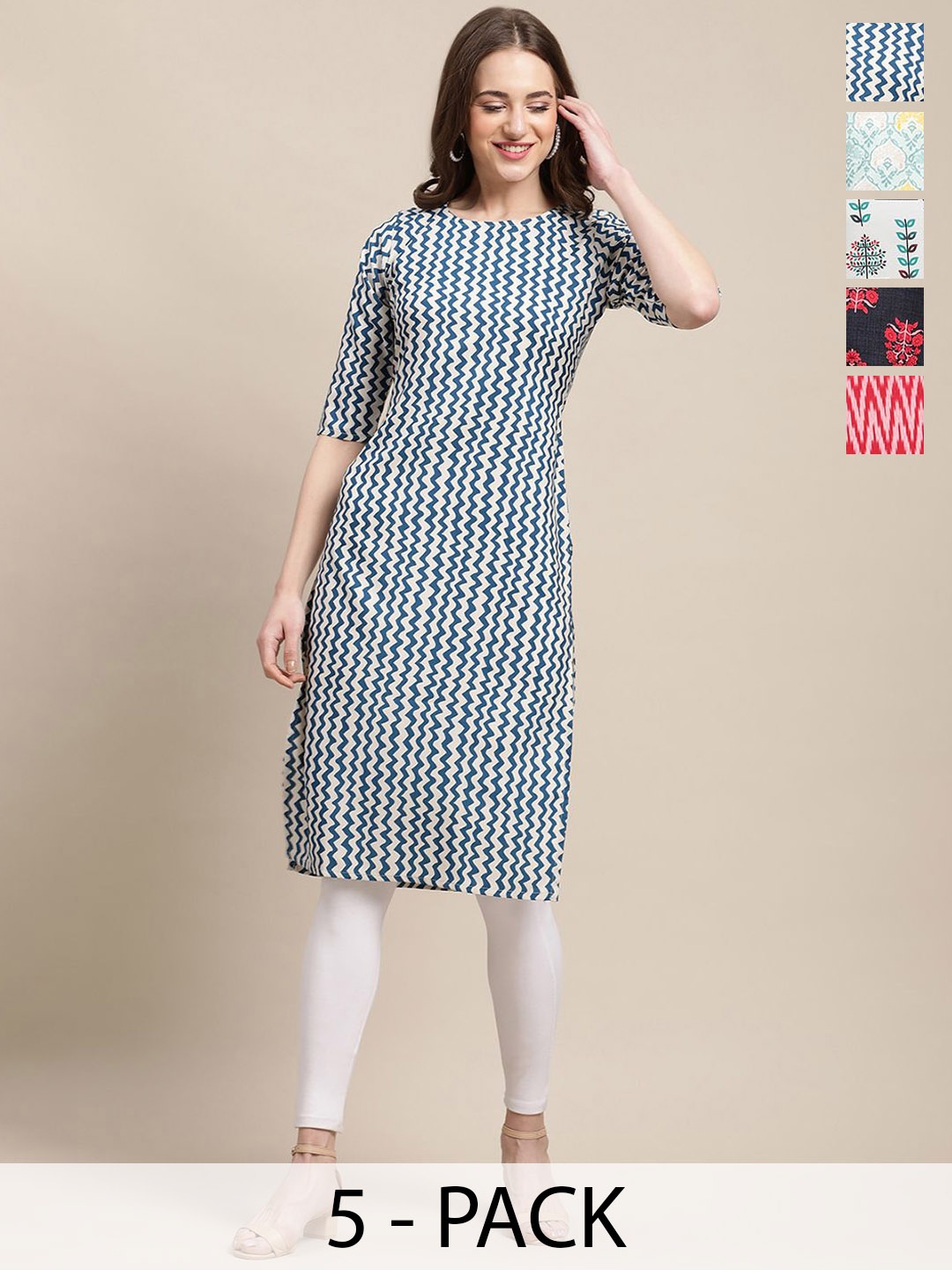 

7Threads Selection of 5 Chevron Printed Round Neck Kurtas, Off white