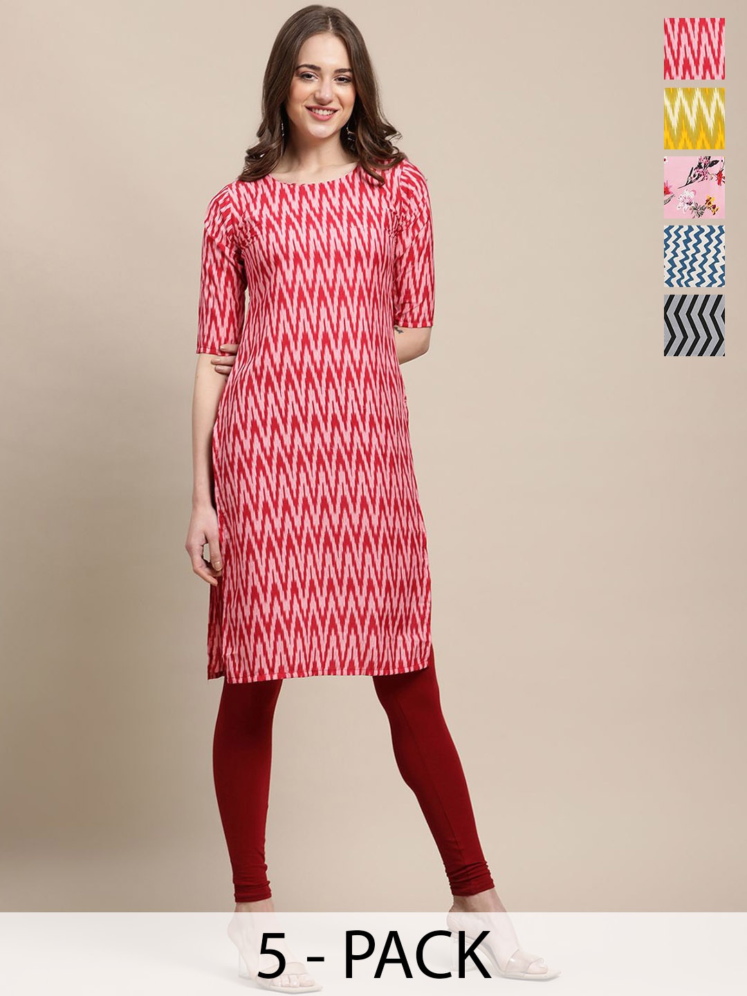 

7Threads Selection Of 5 Chevron Printed Round Neck Crepe Straight Kurta, Red