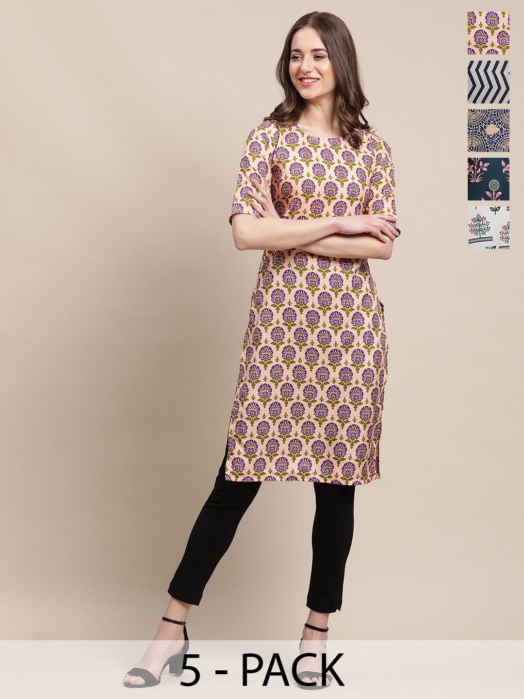 

7Threads Selection of 5 Floral & Geometric Printed Straight Kurtas, Cream