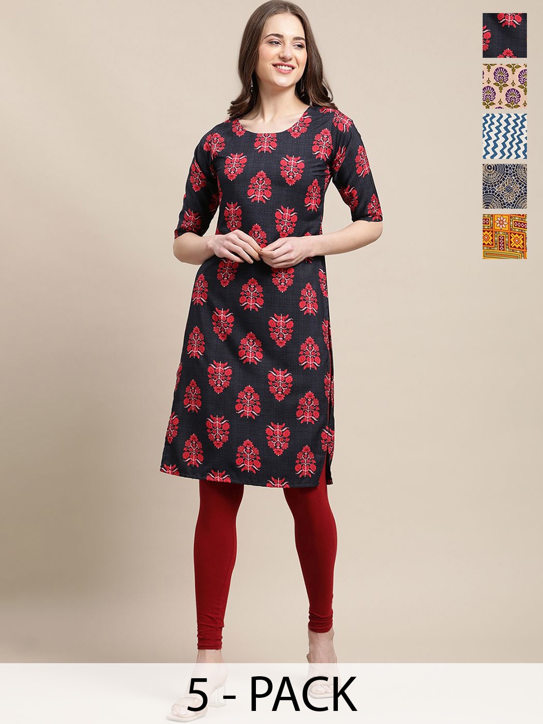 

7Threads Selections Of 5 Ethnic Motifs Printed Straight Kurtas, Black